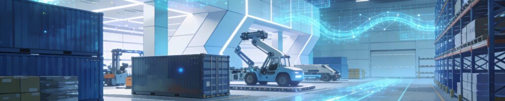 Magazzino moderno con flussi di dati e nodi di rete sovrapposti, simbolo di Digital Supply Chain Transformation